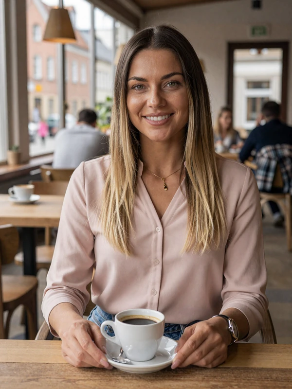 Sofia, 32, Latvian professional in blush blouse at a Riga cafe, realistic MilaDate member photo example