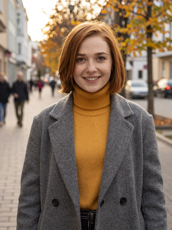Mila, 27, Belarusian woman in mustard turtleneck on an autumn boulevard, authentic MilaDate user profile example