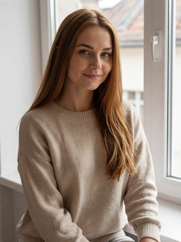 Kateryna, 31, Ukrainian translator in oatmeal sweater, example MilaDate verified profile for FAQ page